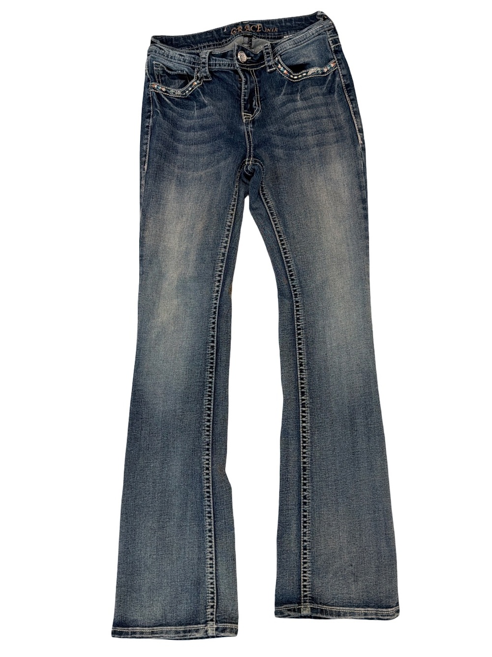 Grace in LA feather embroidery jeans embellished rhinestone size 25 western - Picture 2 of 8